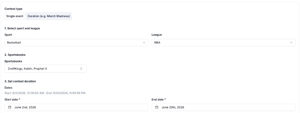 Contest creation form for sport, league, sportsbooks, and dates