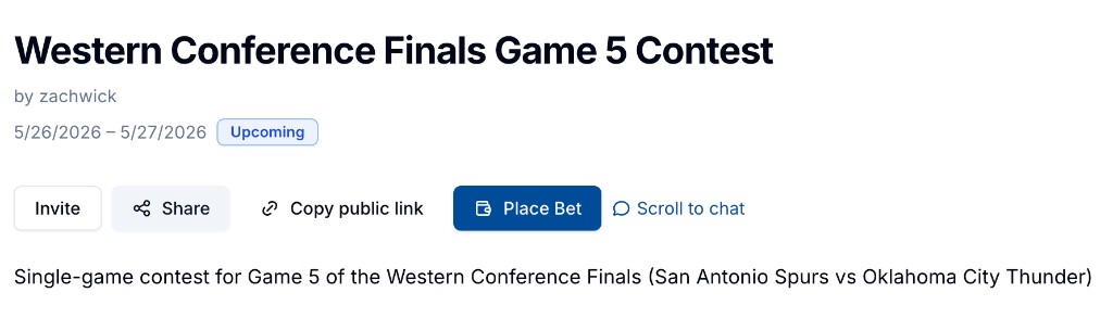 Contest page with invite, share, and place bet actions