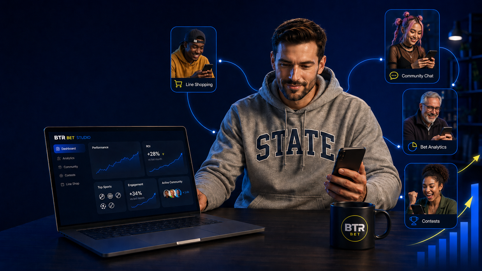 A sports betting content creator in a gray “STATE” hoodie uses BtrBet Studio on a laptop and phone while connected audience members use line shopping, community chat, bet analytics, and contests through the creator’s branded betting hub.